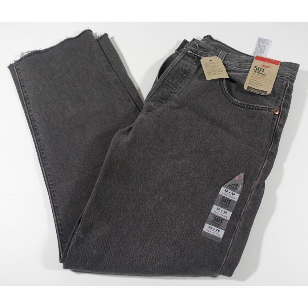 Women Levis 501 High Rise Straight Leg Crop Jeans 30x26 Button Down Frayed Black